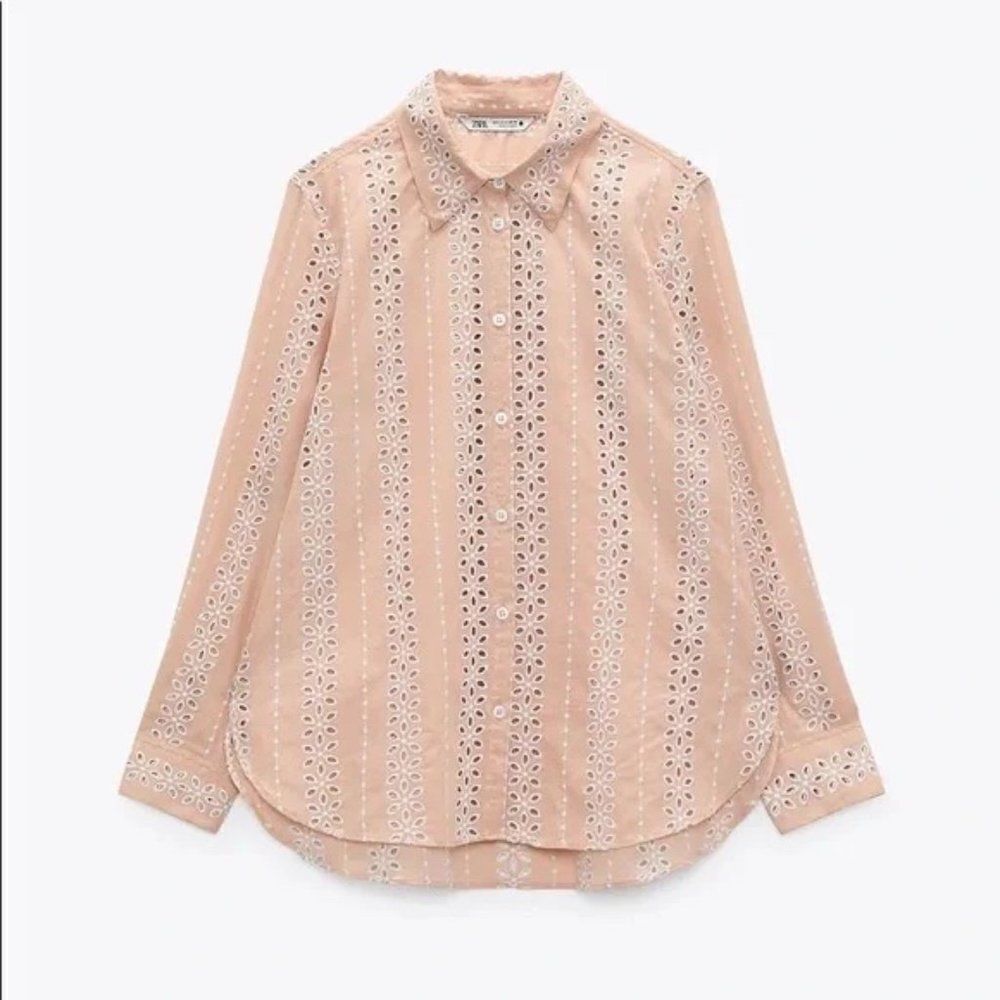 ZARA Openwork Cutwork Embroidered Shirt Pink New - Picture 4 of 5